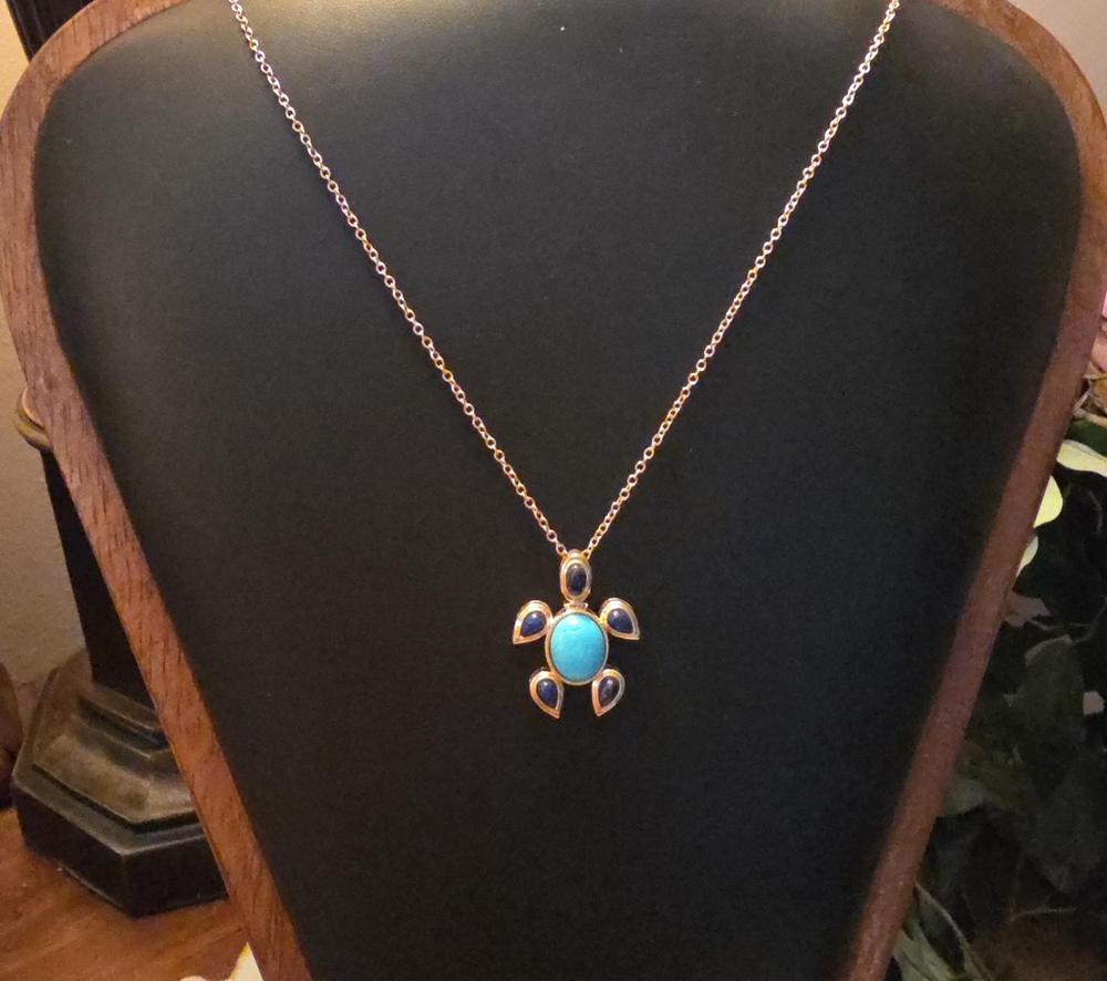JTV Turquoise & Lapis 18K Gold Over Brass Turtle Pendant With Chain - Picture 3 of 7